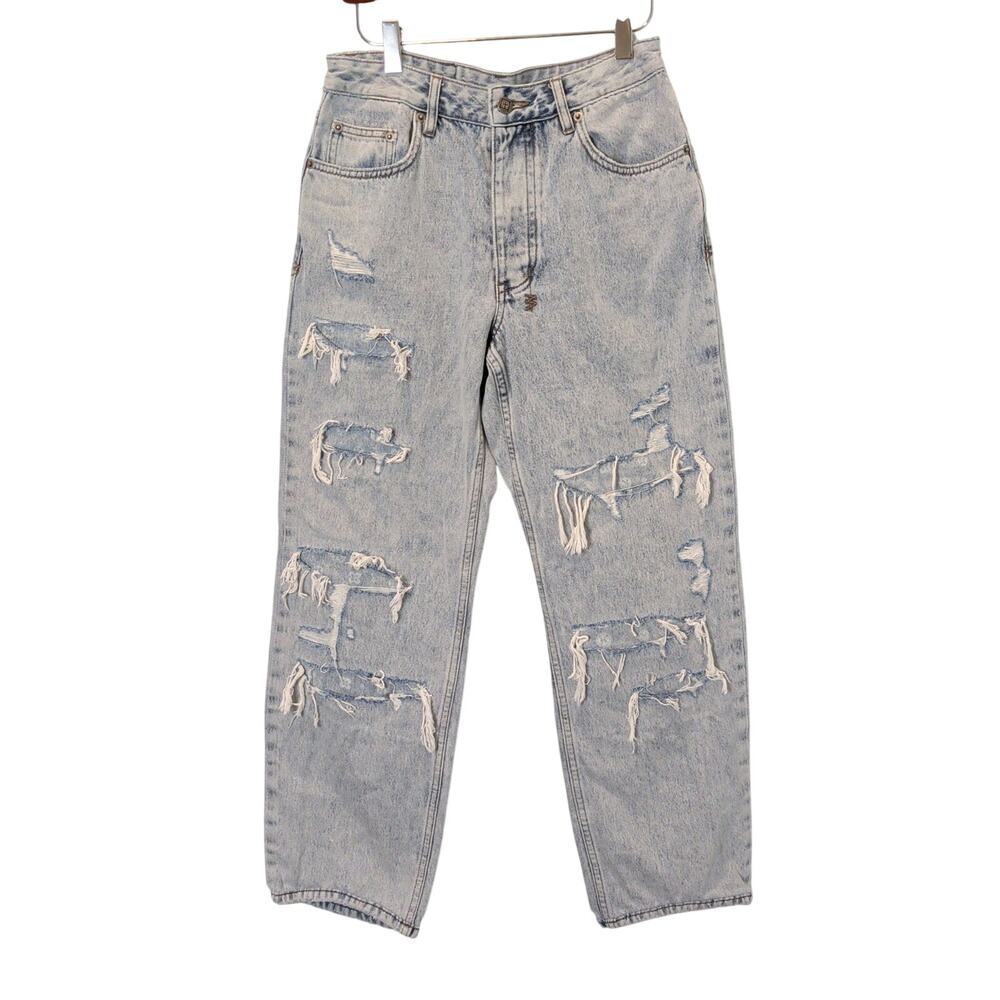 Ksubi Sz 27 Brooklyn Light Wash Distressed Jeans Loose Fit High Rise Rigid Denim